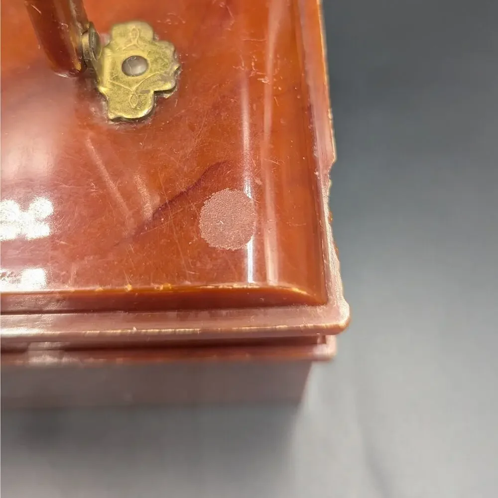 Vintage Marbled Lucite Style Purse Trinket Jewelry Box Amber Brown Brass Clasp